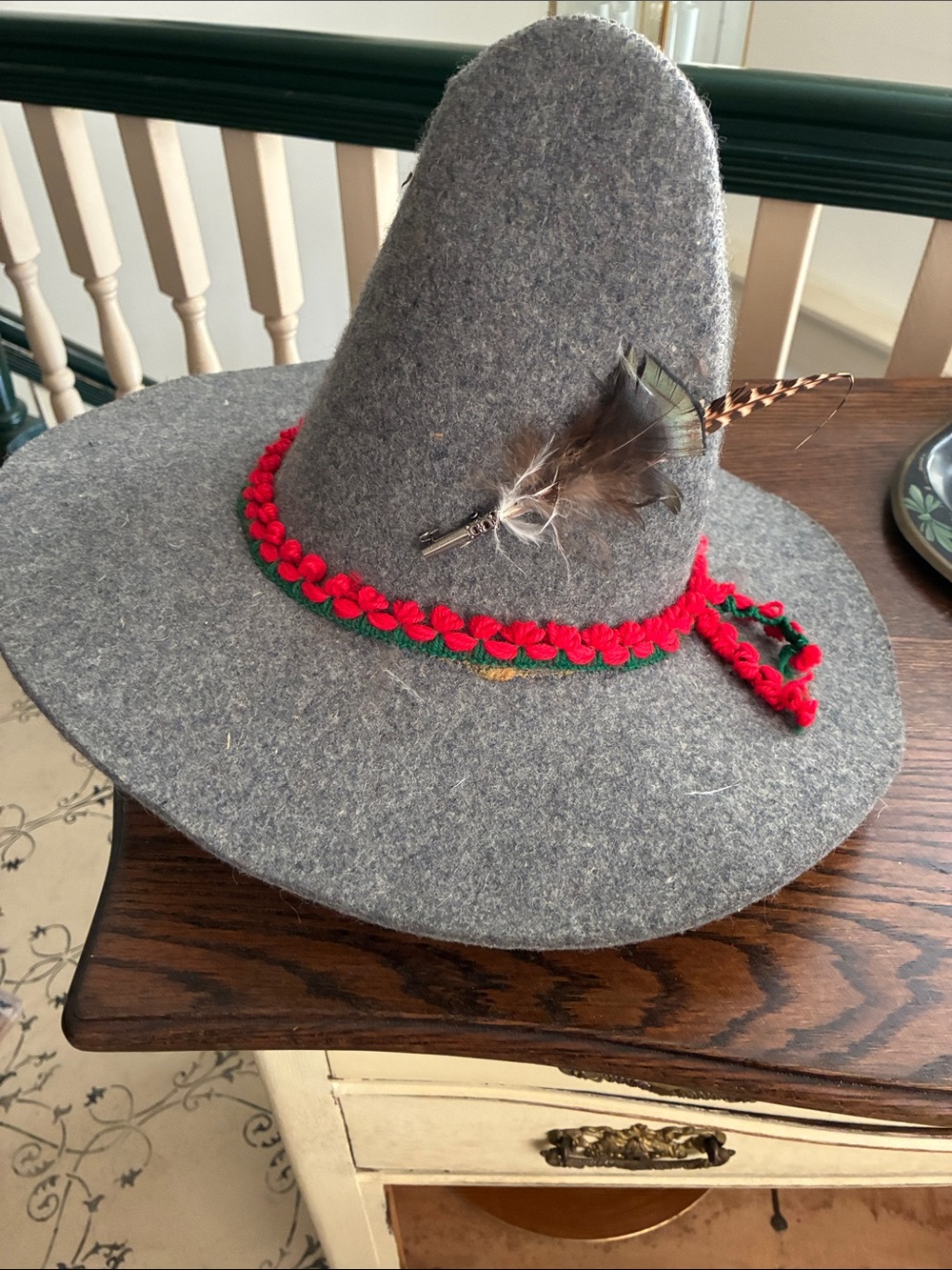 Gray Wool Swiss Costume Hat Red Trim and Feather Accent